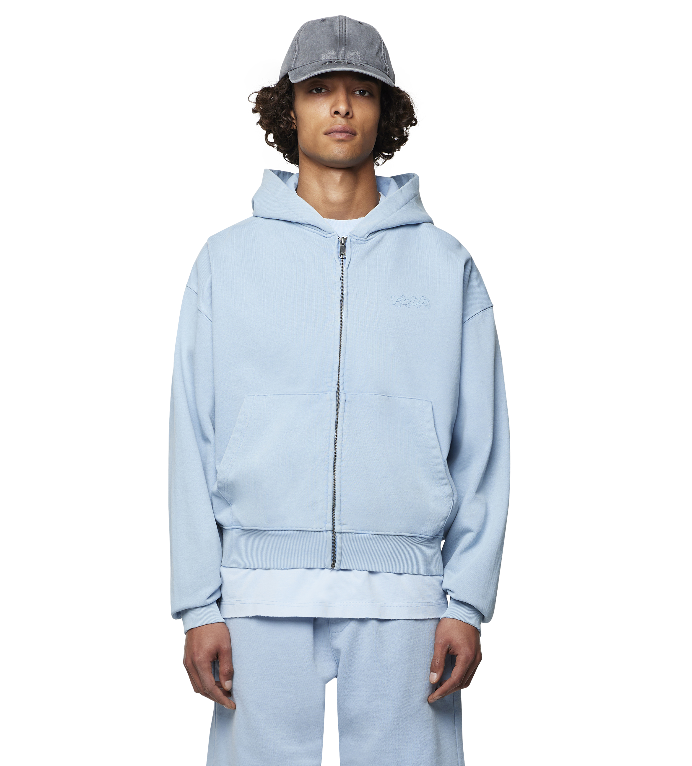LOGO BOXY ZIP-UP HOODIE Washed Ice Blue