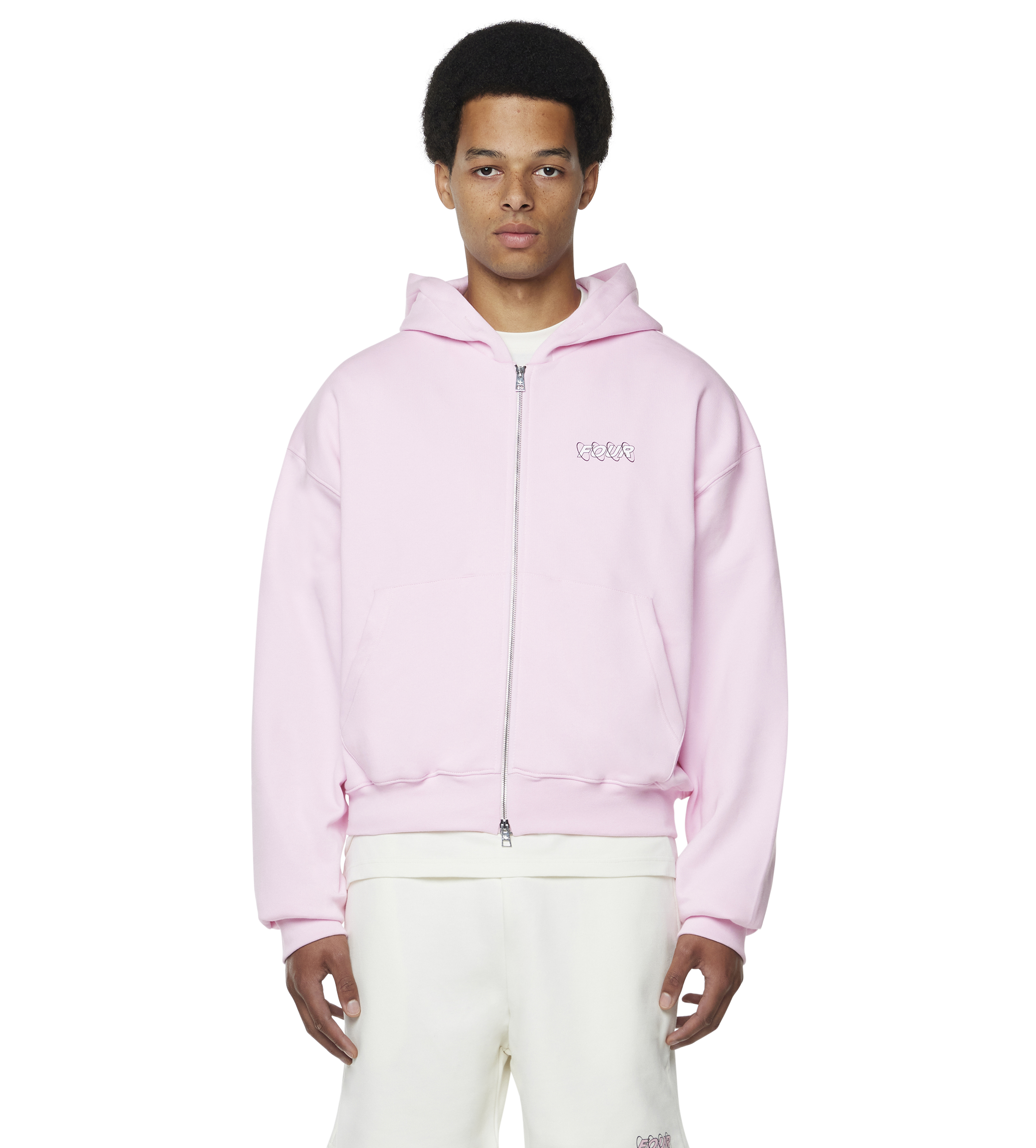 LOGO BOXY ZIP-UP HOODIE Soft Pink/ White